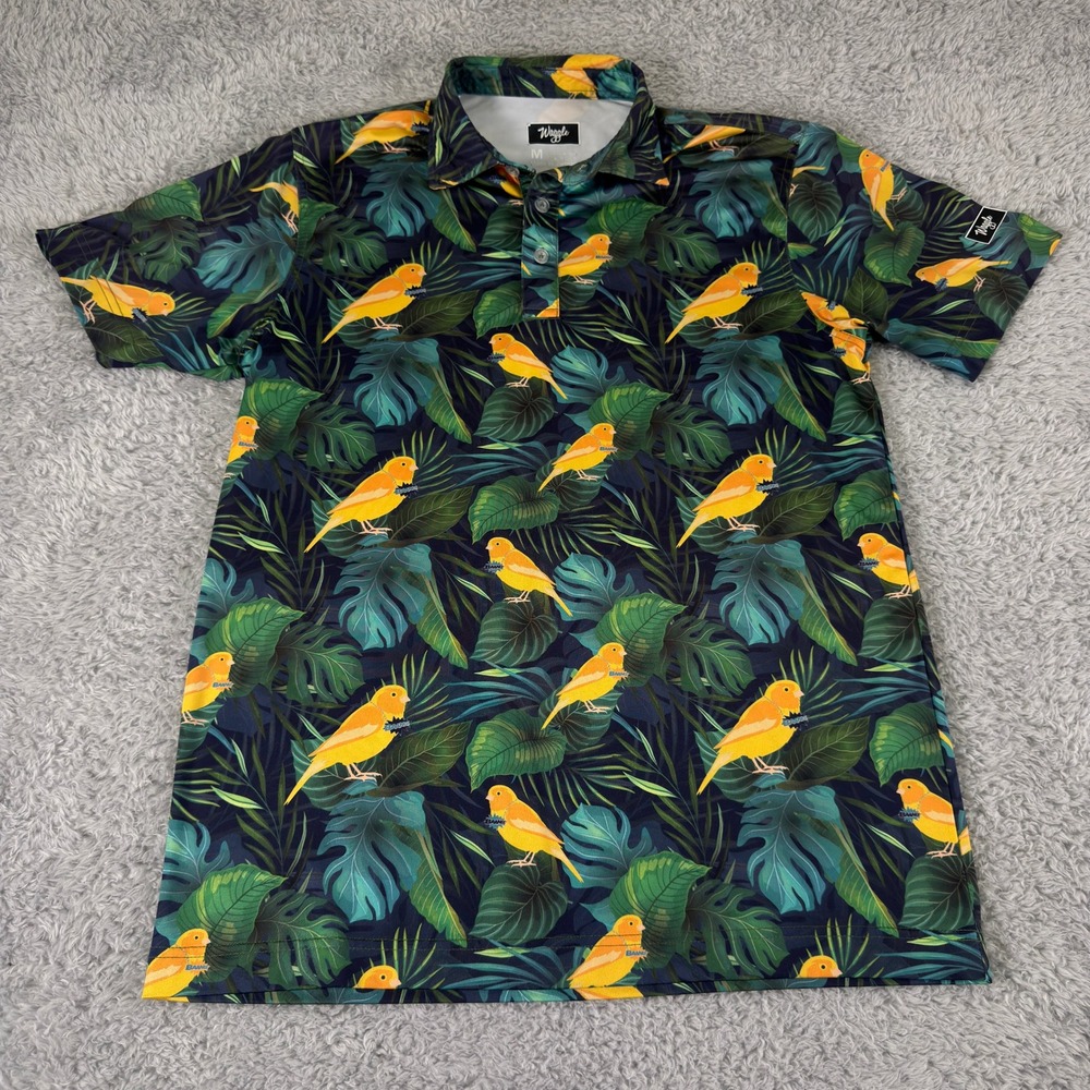 Waggle Mens Golf‎ Polo Shirt Medium Tropical Bird Leaf Performance Stretch - Picture 2 of 9